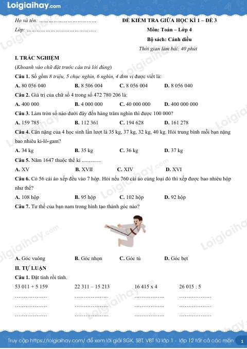 Đề kiểm tra giữa học kì 1 Toán 4 Cánh diều - Đề số 3